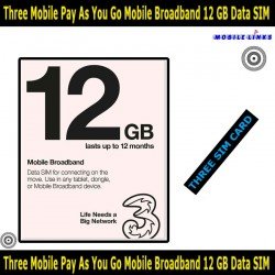 12 GB Pre-loaded Data SIM Card Three Pay-As-You-Go for Mobile Broadband Devices